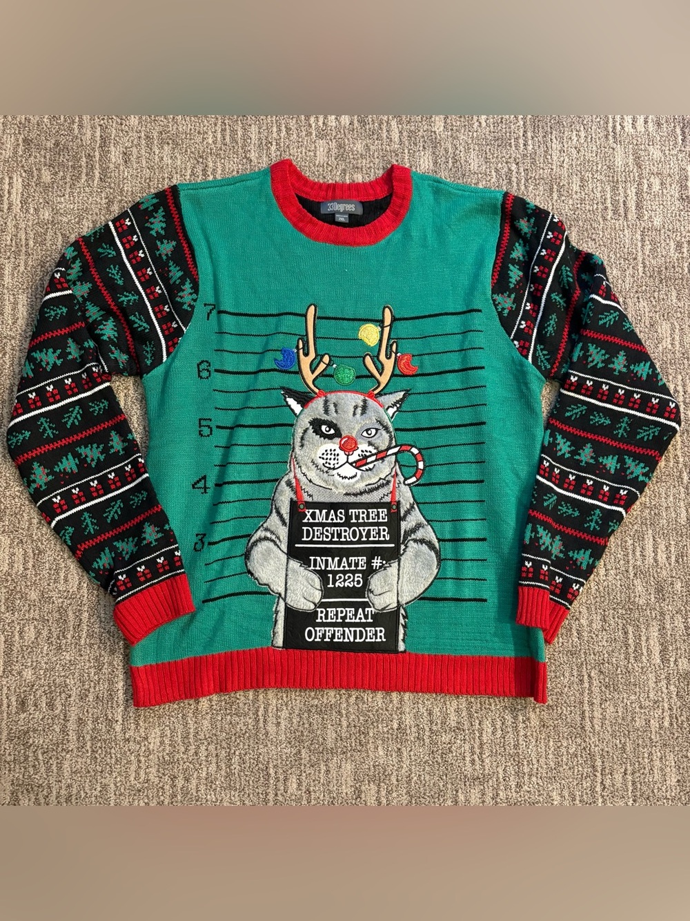 Naughty Christmas Kitty Cat Ugly Christmas Sweater men’s size 2XL, front pocket